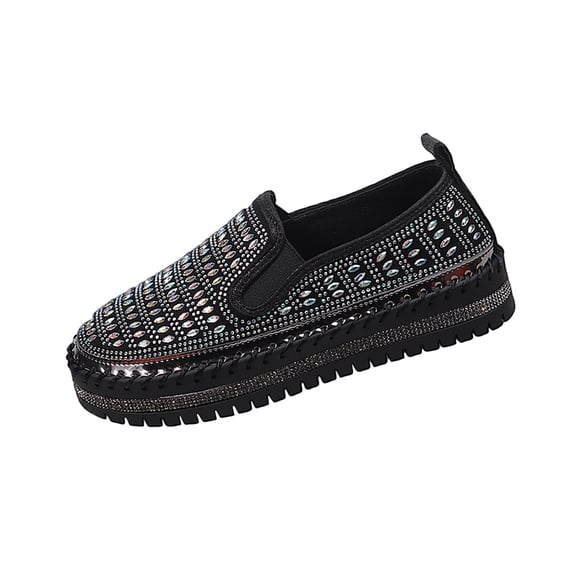 Ahabrexf Women's Casual Loafers Solid Color Rhinestone Embellished Slip-On Breathable Mesh Platform Thick Sole Shoes