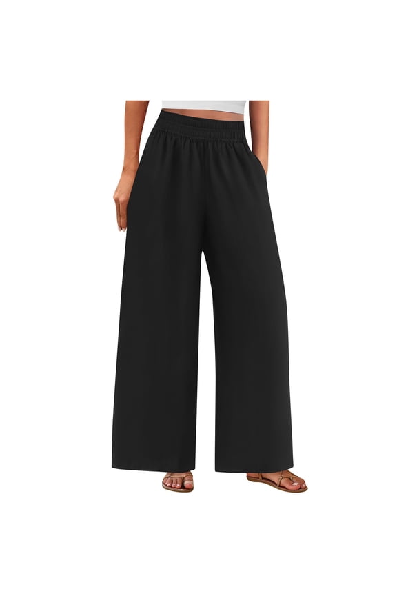 Women's Casual Pants Elastic Waist Side Pockets Solid Color 95% Polyester 5% Spandex Stretch Straight Leg for Work Travel
