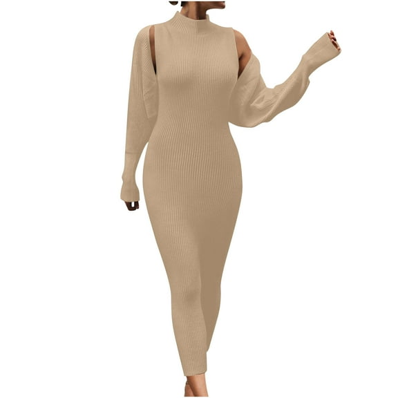 Ahabrexf Blouses for Women Fashion, Casual Round Neck Long Sleeve Waist Wrapped Buttocks Rib Sweater Dress