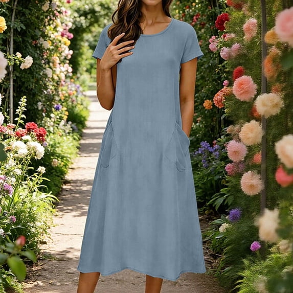 Ahabrexf Women's Linen Dress Loose Fit Short Sleeve Round Neck Patch Pocket Solid Color Spring Summer Casual
