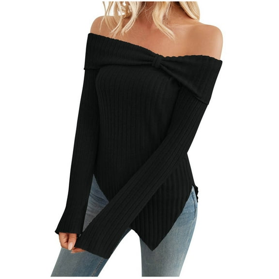 Ahabrexf Sweaters for Women, Casual Solid Bow Tie 1 Shoulder Slim Split Long Sleeve T-Shirt Top