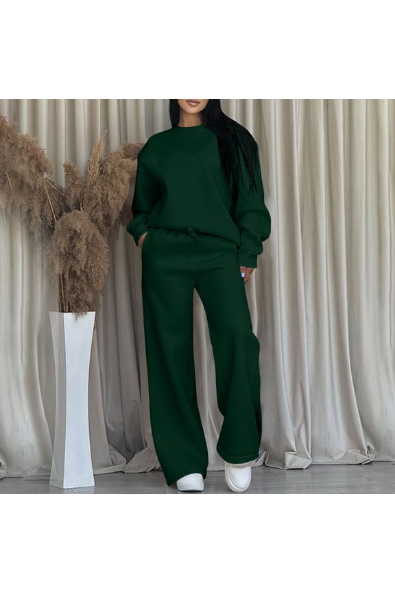 Women's Casual Solid Color Crew Neck Long Sleeve Tops and High-Waist Pants Hooded Two Pc Set