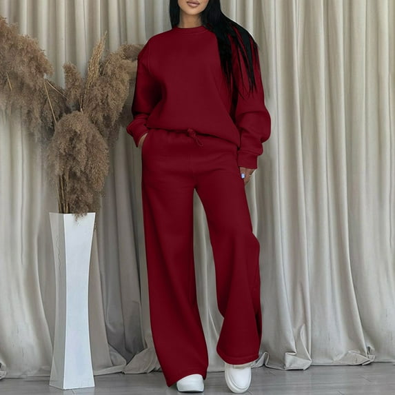 Ahabrexf Women's Casual Solid Color Crew Neck Long Sleeve Tops and High-Waist Pants Hooded Two Pc Set