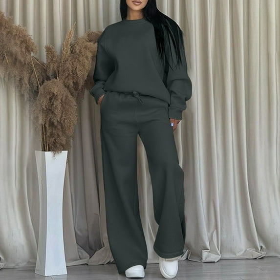 Ahabrexf Women's Casual Solid Color Crew Neck Long Sleeve Tops and High-Waist Pants Hooded Two Pc Set