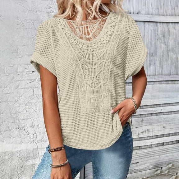 Ahabrexf Women's Casual Round Neck Lace Patchwork Short Sleeve Solid Color Knit Top