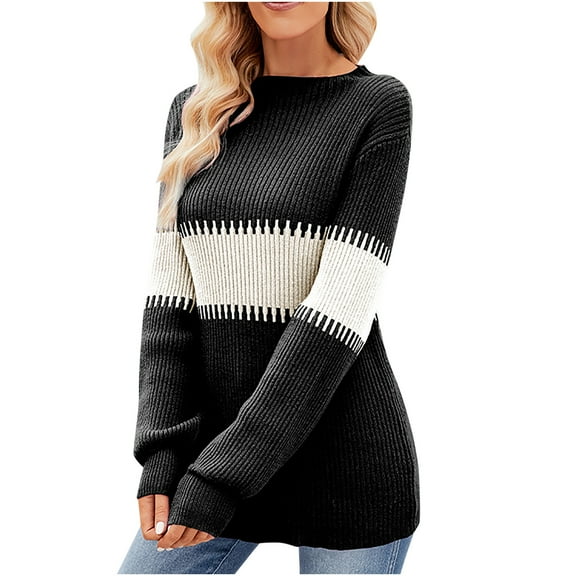 Ahabrexf Sweaters for Women, Casual Stripe Round Neck Color Block Top