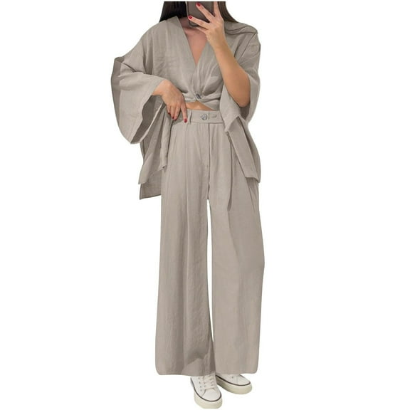 Ahabrexf Casual 2 Pc Suit, V-Neck 1 Button Loose Long Sleeve Top and High Waist Trousers