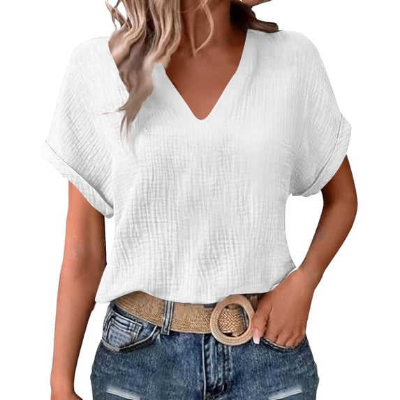 Ahabrexf Women's Casual T Shirts V Neck Short Sleeve Double Layer Wrinkle Textured Top Polyester Regular Fit