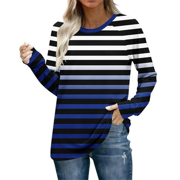 Ahabrexf Womens Casual Tops, Line Print Shirt Long Sleeve Crew Neck Casual Lightweight Top