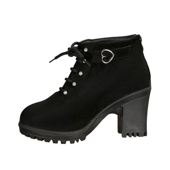 Ahabrexf Women's Chunky High Heel Ankle Boots Lace Up Faux Suede Upper Winter Warm Casual Booties with Back Zipper and Round Toe Solid Color