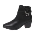 thumbnail image 1 of Ahabrexf Women's Chunky Mid Heel Ankle Boots, Faux Leather Pointed Toe Side Zipper with Belt Buckle, Solid Color Winter Casual Daily Warm Shoes, 1 of 9