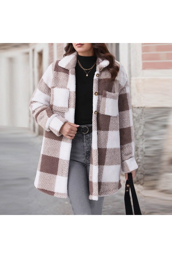Winter Jackets for Women, Double Sided Checkered Fleece Long Sleeve Toasty Coat with Lapel Collar