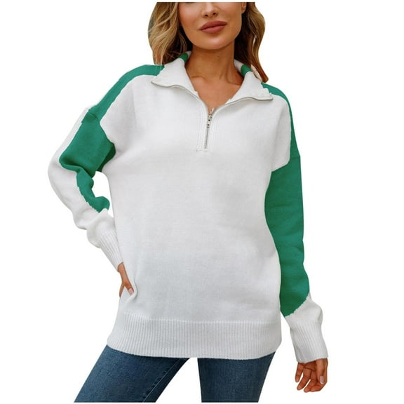 Ahabrexf Sweaters for Women, Contrasting Long Sleeve V-Neck Zipper Lapel Knit Top