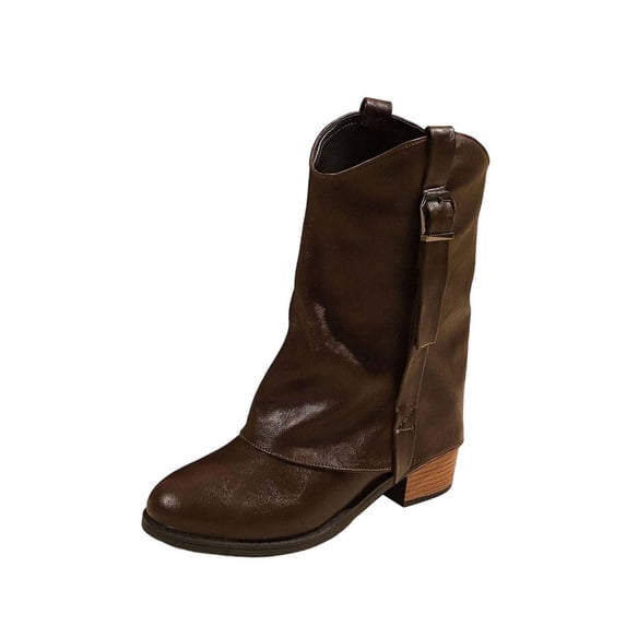 Ahabrexf Women's Cowboy Ankle Boots Faux Leather Easy Pull-On 2.5-Inch Low Block Heel Round Toe Winter Classic Western Cozy Casual Fashion Shoes