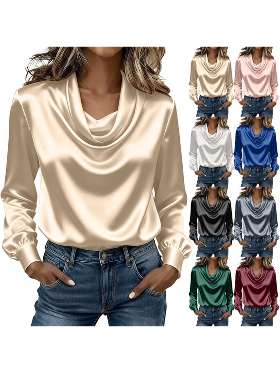 Women's Cowl Neck Long Sleeve Satin Blouse Casual Loose Fit Silky Pullover Top for Fall Winter Office Work Daily Wear