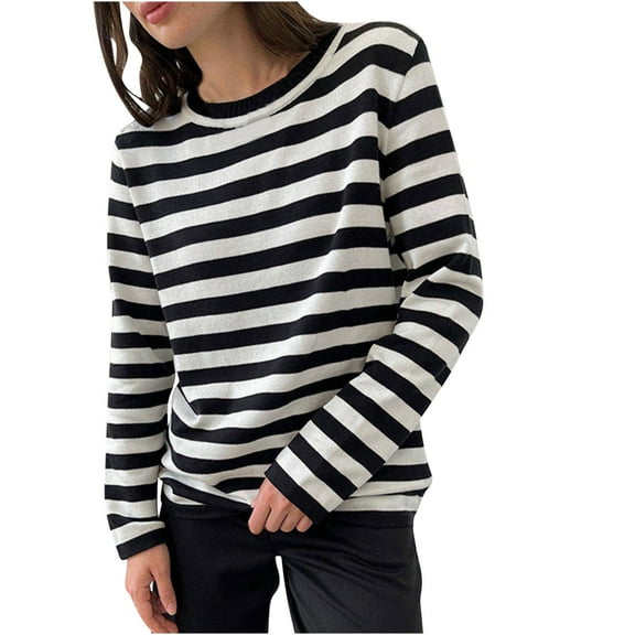 Ahabrexf Plus Size Coats for Women, Crew Neck Knitted Striped Classic Vintage Sweater