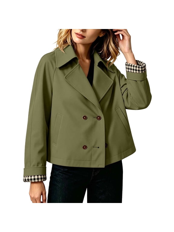 Women's Cropped Double‑Breasted Trench Jacket, Notched Lapel Long Sleeve Twill Outerwear for Women, Casual Short Coat with Plaid Lined Roll‑Up Cuffs for Office and Daily Wear