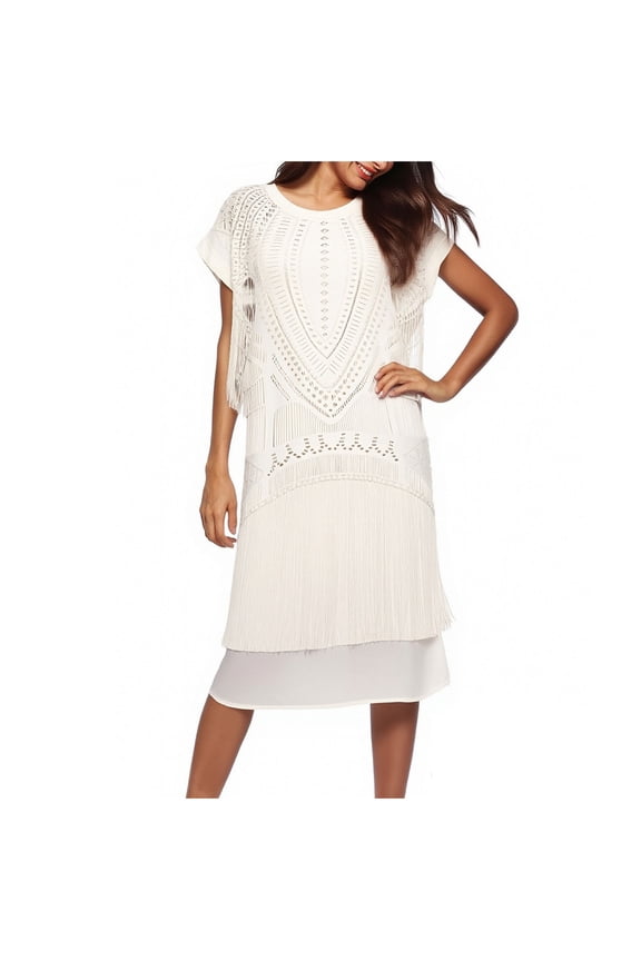 Women's Dress, Short Sleeve Round Neck Tassel Trim Mesh Pullover Mini Shift for Daily Wear