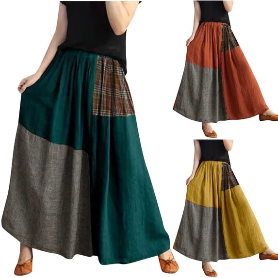Ahabrexf Women's Elastic Waist A-Line Skirt Color Block Midi Length Soft Polyester Fabric Flowy Casual Plus Size S-5XL