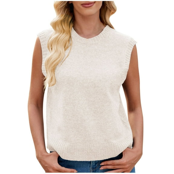 Ahabrexf Pullover Sweaters for Women,Fashion Casual Crew-Neck Sleeveless Loose Knitted Back Slit Top