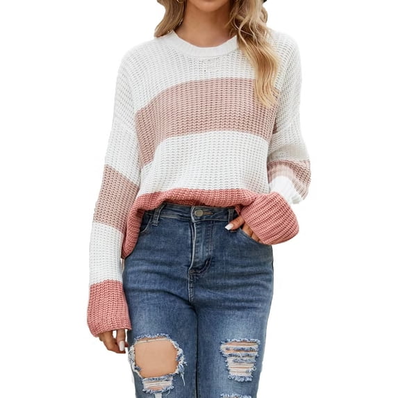 Ahabrexf Sweaters for Women, Fashion Comfortable Color Block Loose Long Length Round Neck Top