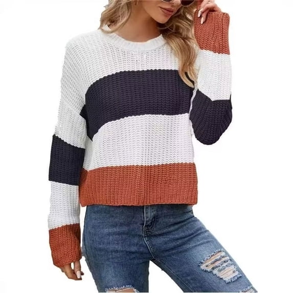 Ahabrexf Sweaters for Women, Fashion Comfortable Color Block Loose Long Length Round Neck Top