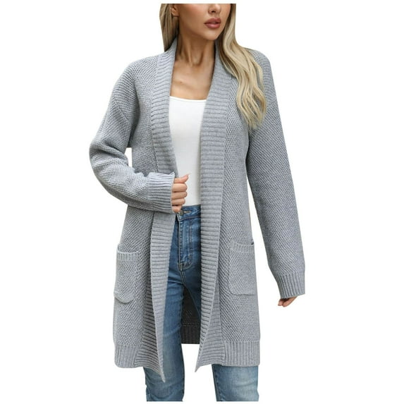 Ahabrexf Sweaters for Women Women's Fashion Solid Color Knitting Long Sleeve Pockets Cardigan Sweater Coat Cardigan for Women