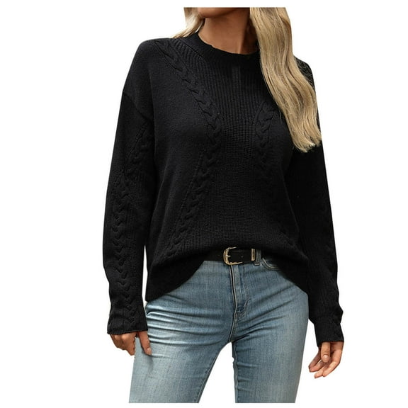 Ahabrexf Sweaters for Women, Fashion Splice Solid Color Knitting Long Sleeve Round Neck Sweater