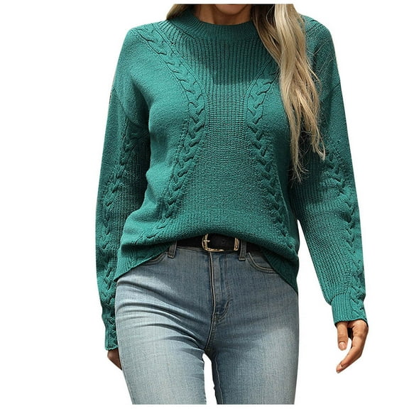 Ahabrexf Sweaters for Women, Fashion Splice Solid Color Knitting Long Sleeve Round Neck Sweater