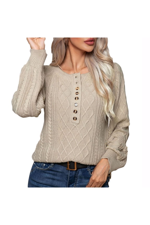 Sweaters for Women, Fashion V-Neck Button Long Sleeve Dough Twist Pullover