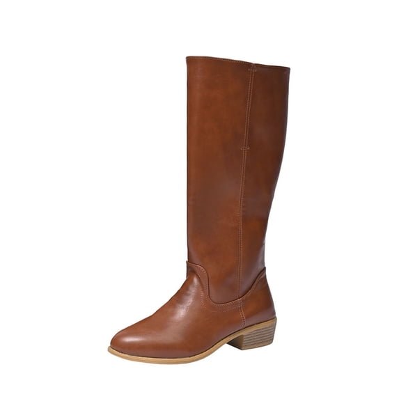 Ahabrexf Women's Faux Leather Mid Calf Boots Square Toe Chunky Block Heel Easy Pull on Winter Casual Retro Comfort Fashion