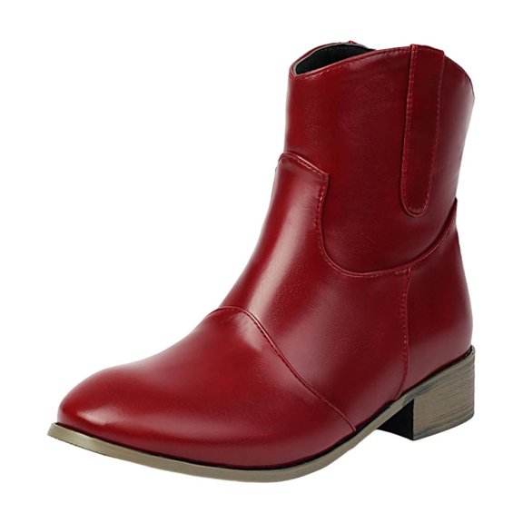Ahabrexf Women's Faux Leather Pull-On Ankle Boots, Thick Low Heel, Solid Color for Winter Casual Classic Western Style