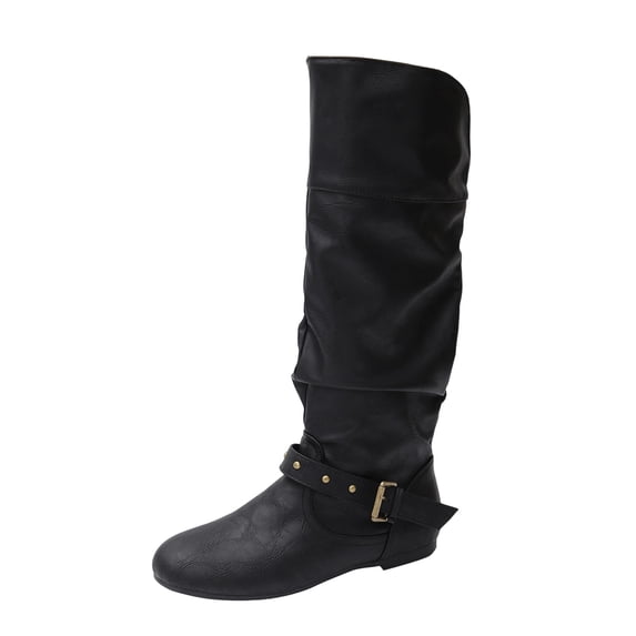 Ahabrexf Women's Faux Leather Slouchy Mid-Calf Boots, Vintage Flat Pull on Round Toe Winter Casual Shoes with Buckle Strap