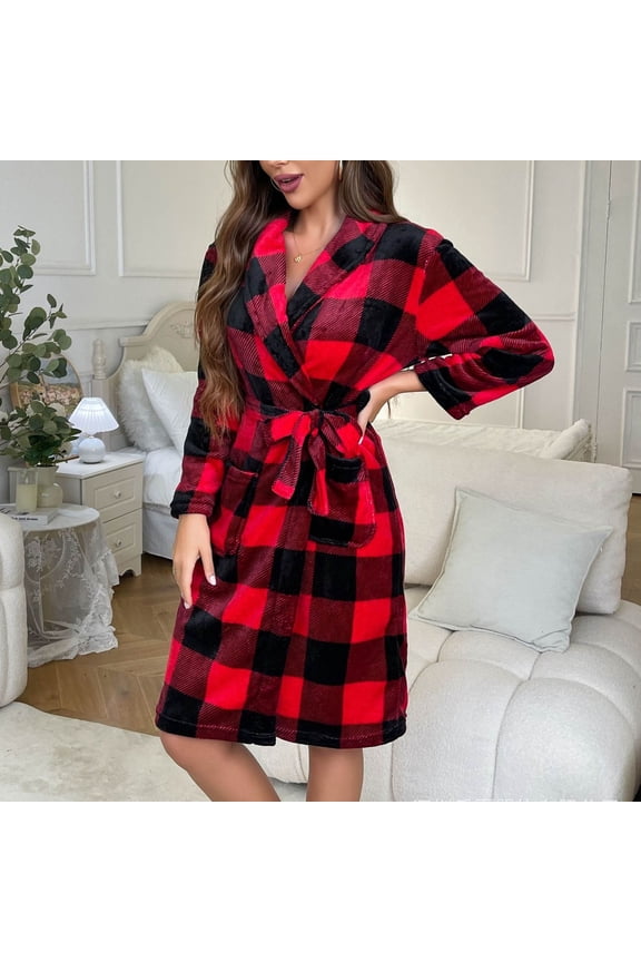 Women's Flannel Plaid Bathrobe, Soft Warm Absorbent Robe, Knee Length, Quick Dry Lightweight for After Shower and Home Unwind Spa