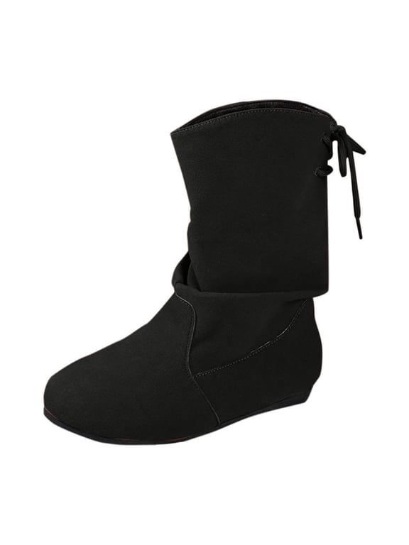 Women's Flat Slouch Ankle Boots Pleated Suede Like Rear Lace Up Round Toe Adjustable Casual Winter Shoes with Ultra Cozy Soft Lining