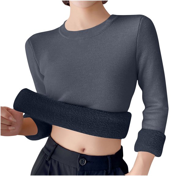 Ahabrexf Sweaters for Women, Fleece Long Sleeve Crew Neck Pullover Solid Color Base