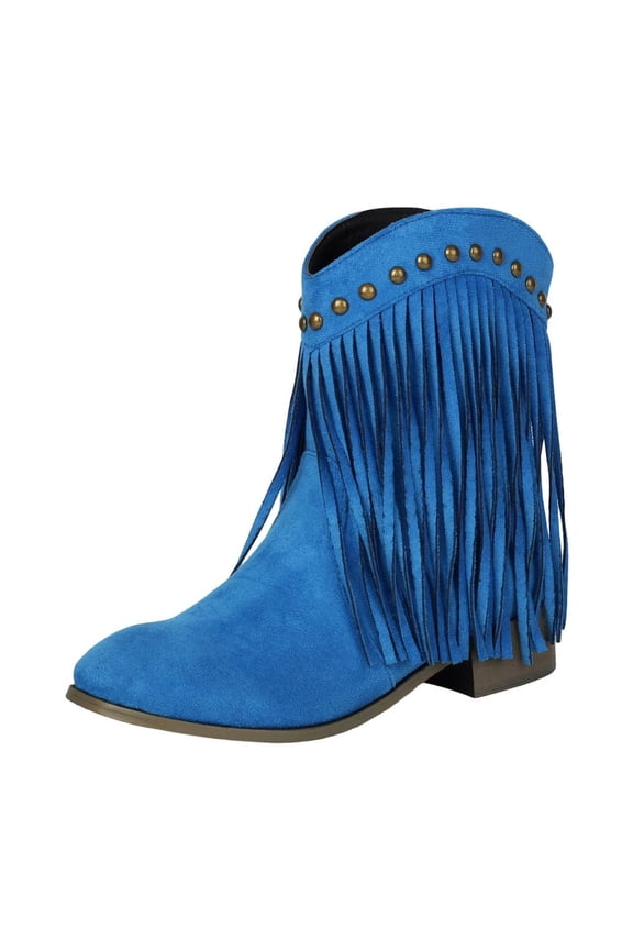 Women's Fringe Ankle Boots Block Heel Pull-On Suede-Like Western Winter Casual Short Boots