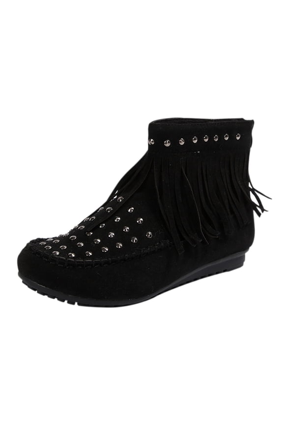 Women's Fringe Ankle Boots Low Heel Slip on Round Toe Short Shaft Comfortable Faux Suede Winter Booties with Tassel Non-Slip Rubber Sole