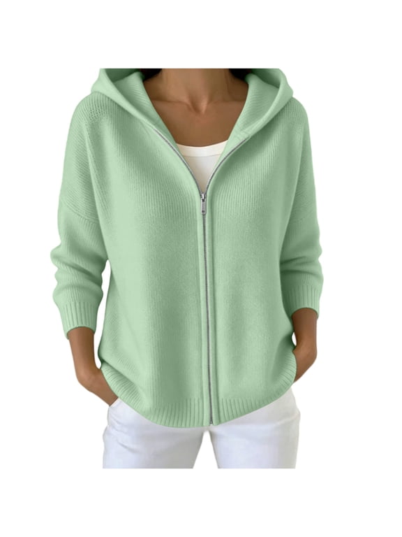 Women's Full Zip Hooded Knit Cardigan, Long Sleeve Solid Color Loose Sweater Jacket with Side Pockets