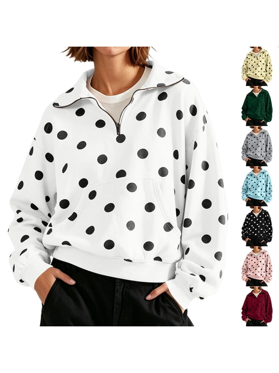 Women's Half Zip Fleece Sweatshirt Oversized Cropped Pullover with Kangaroo Pocket Casual Polka Print Long Sleeve Stand Collar Top for Fall Outfits