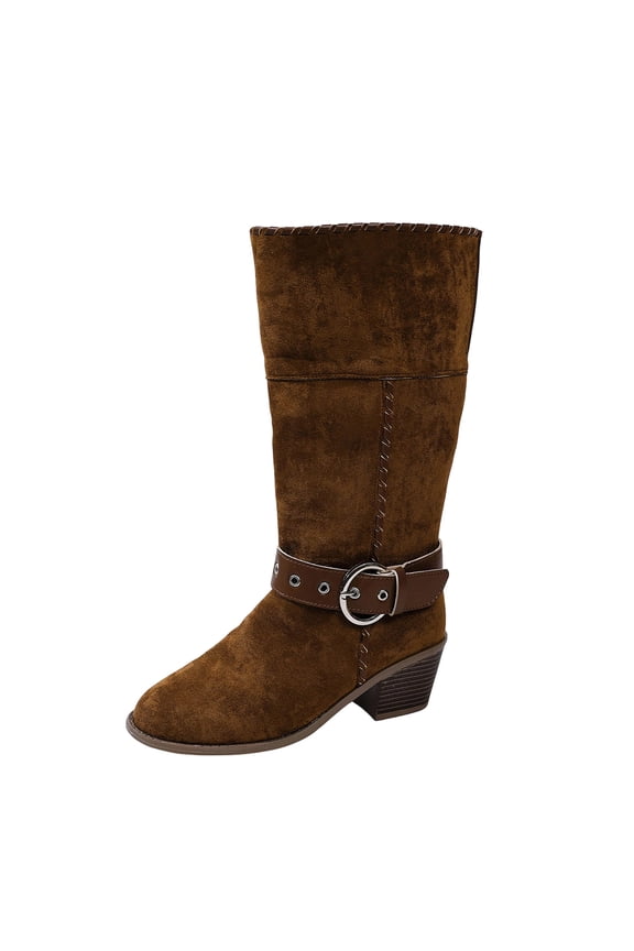 Women's Height Increasing Western Mid-Calf Boots with 2.16 Inch Block Heel and Buckle Detail, Fold Down Cuff for Fall Winter Casual