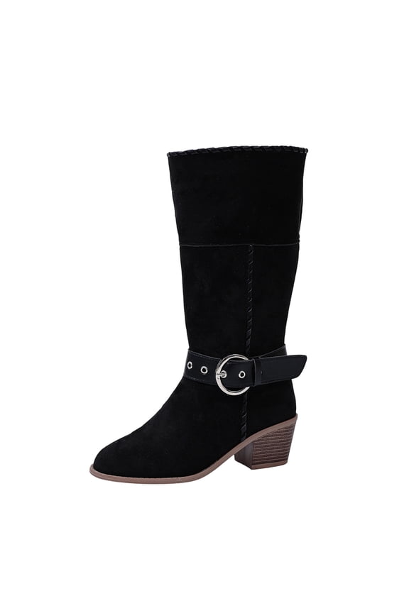 Women's Height Increasing Western Mid-Calf Boots with 2.16 Inch Block Heel and Buckle Detail, Fold Down Cuff for Fall Winter Casual