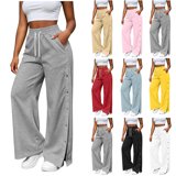 Ahabrexf Women's High Waist Wide Leg Pants Drawstring Side Button Split ...
