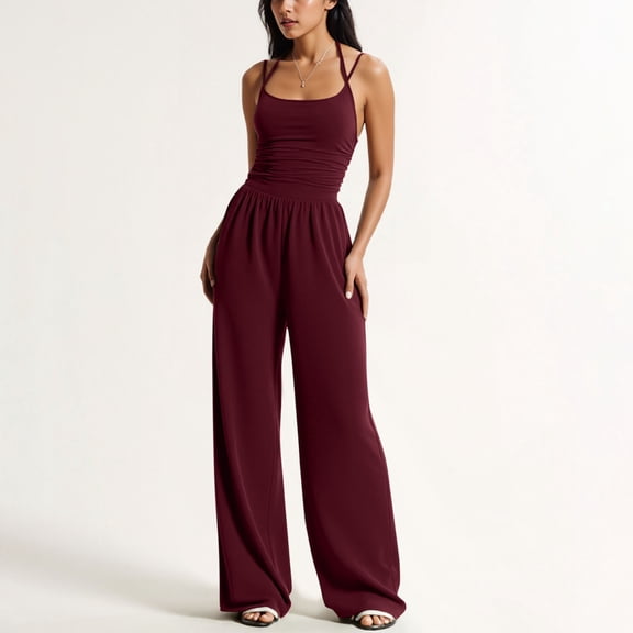 Ahabrexf Women's Jumpsuits, Strapless Wide-Leg Romper with Ruching for Effortless Style