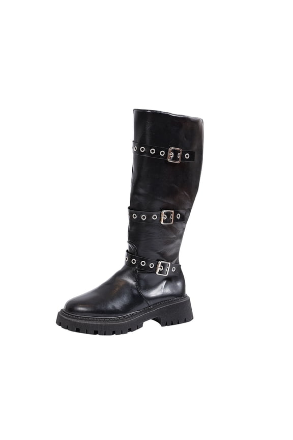 Women's Knee High Boots Faux Leather Side Zipper Low Chunky Heel Round Toe Solid Color Winter Casual Comfort with Thick Sole for Daily Wear