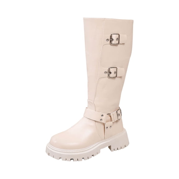 Ahabrexf Women's Knee High Boots Faux Leather Side Zipper Round Toe Chunky Low Heel Platform Sole Buckle Details Solid Color Casual Winter Shoes