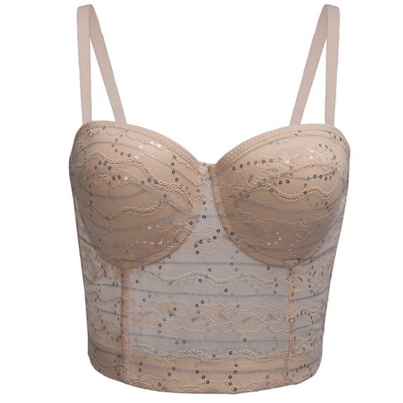 Ahabrexf Women's Lace Underwear Solid Color Fishb1 Lace with Steel Boning and Chest Pad Suspender Top Round Neck for Women