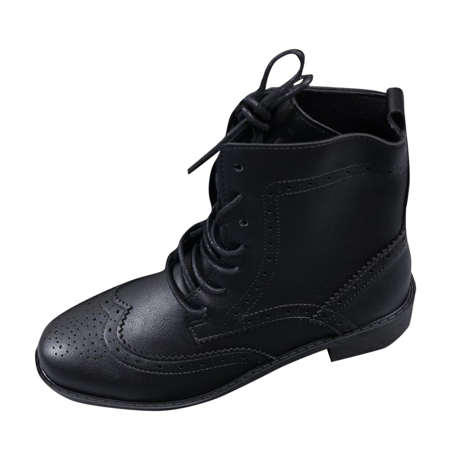 Ahabrexf Women's Leather Ankle Boots Lace Up Low Block Heel Brogue ...