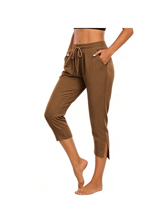 Women's Linen Cropped Pants, Drawstring Waist Split Hem Side Pockets Non-Bulky Casual Cropped Trousers for Summer Daily Wear