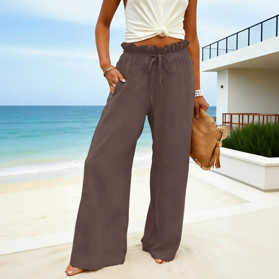 Ahabrexf Women's Linen Pants,Solid Color Wide Leg Trousers with Ruffled Waistband for Casual Style
